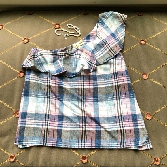 Anthropologie Top Plaid One Shoulder Pink Blue  (S) - Picture 4 of 7